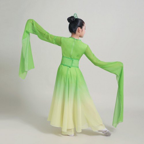 Children kids Green gradient colored waterfall sleeves chinese traditional folk dance costume Jinghong fairy classical fan umbrella dance dresses for girls 